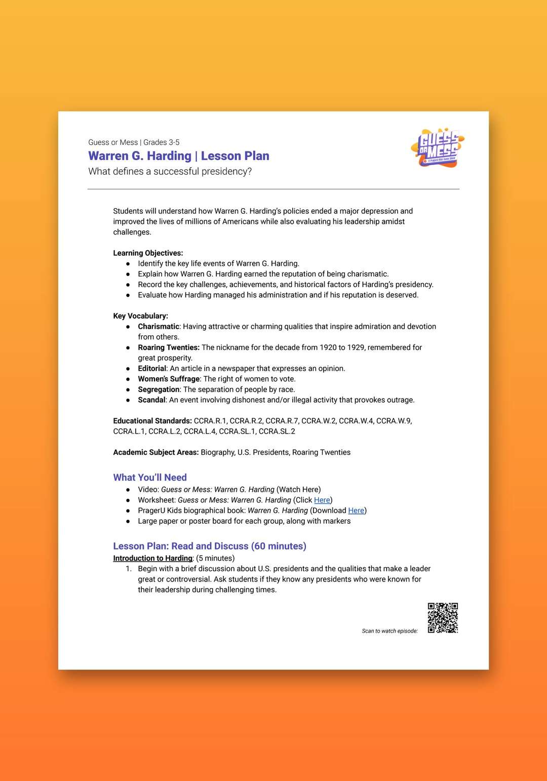 "Guess or Mess: Warren G. Harding" Lesson Plan