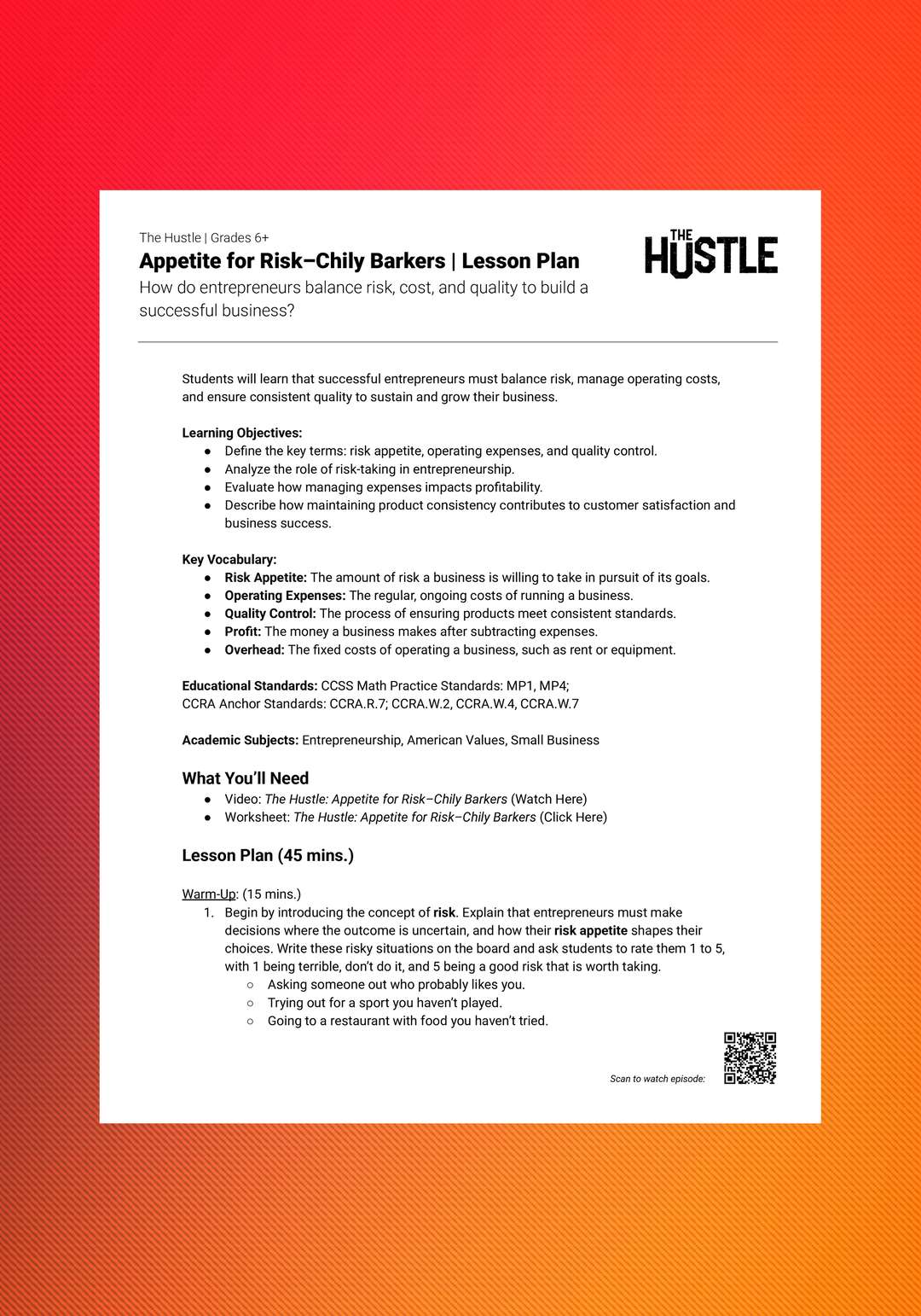 "The Hustle: Appetite for Risk—Chily Barkers" Lesson Plan