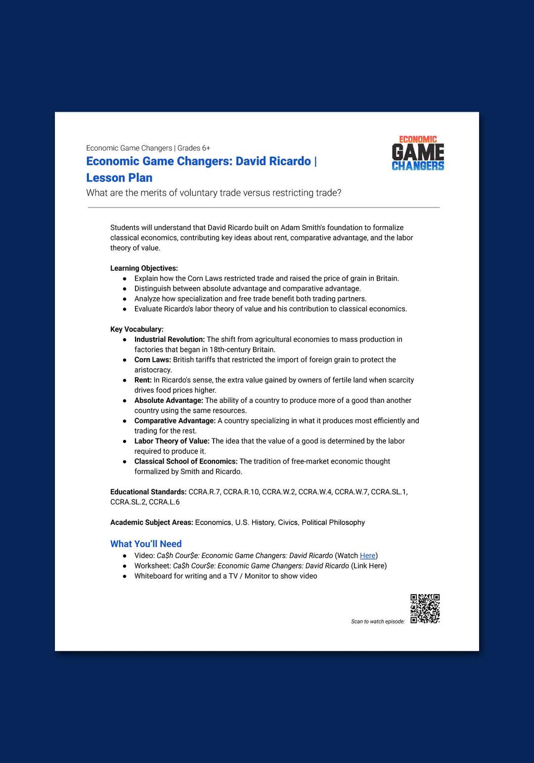 "Economic Game Changers: David Ricardo" Lesson Plan