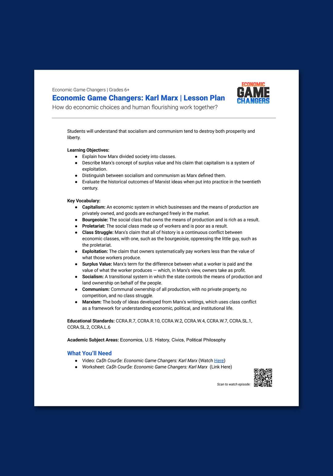 "Economic Game Changers: Karl Marx" Lesson Plan