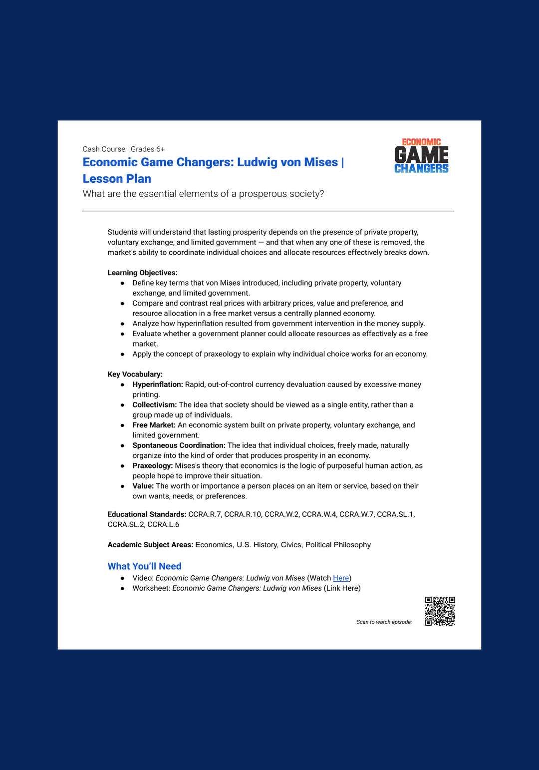 "Economic Game Changers: Ludwig von Mises" Lesson Plan