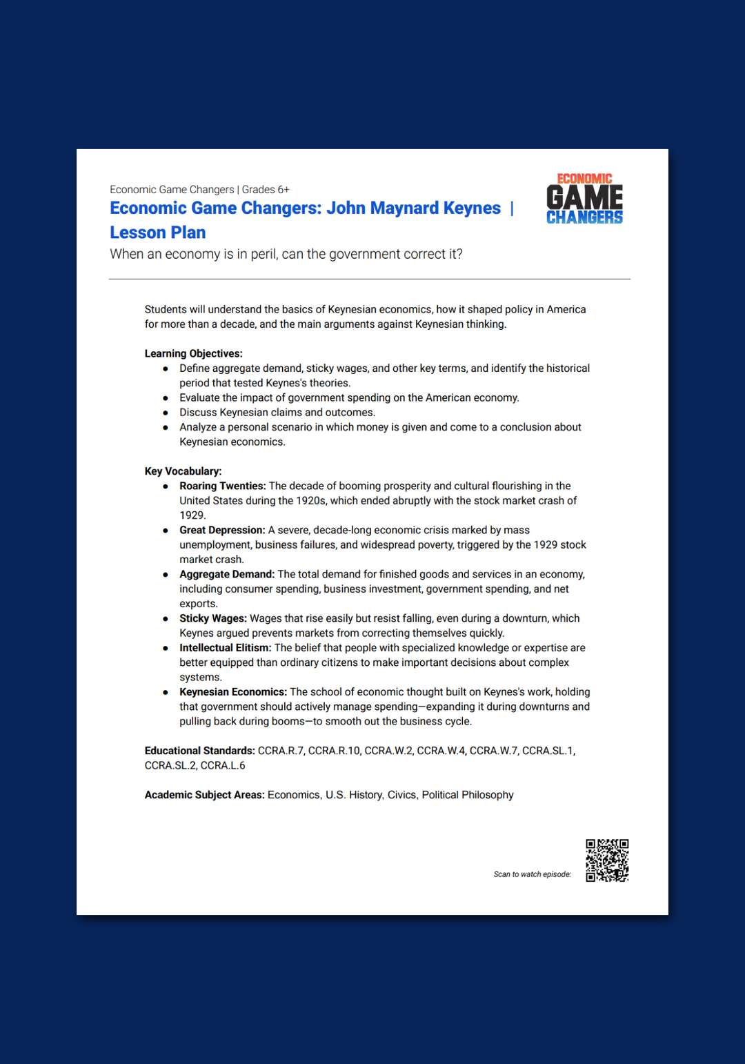 "Economic Game Changers: John Maynard Keynes" Lesson Plan