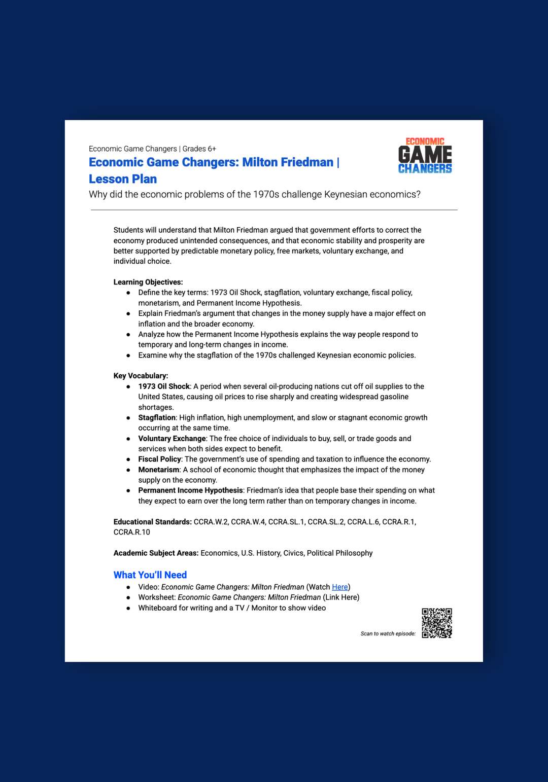 "Economic Game Changers: Milton Friedman" Lesson Plan