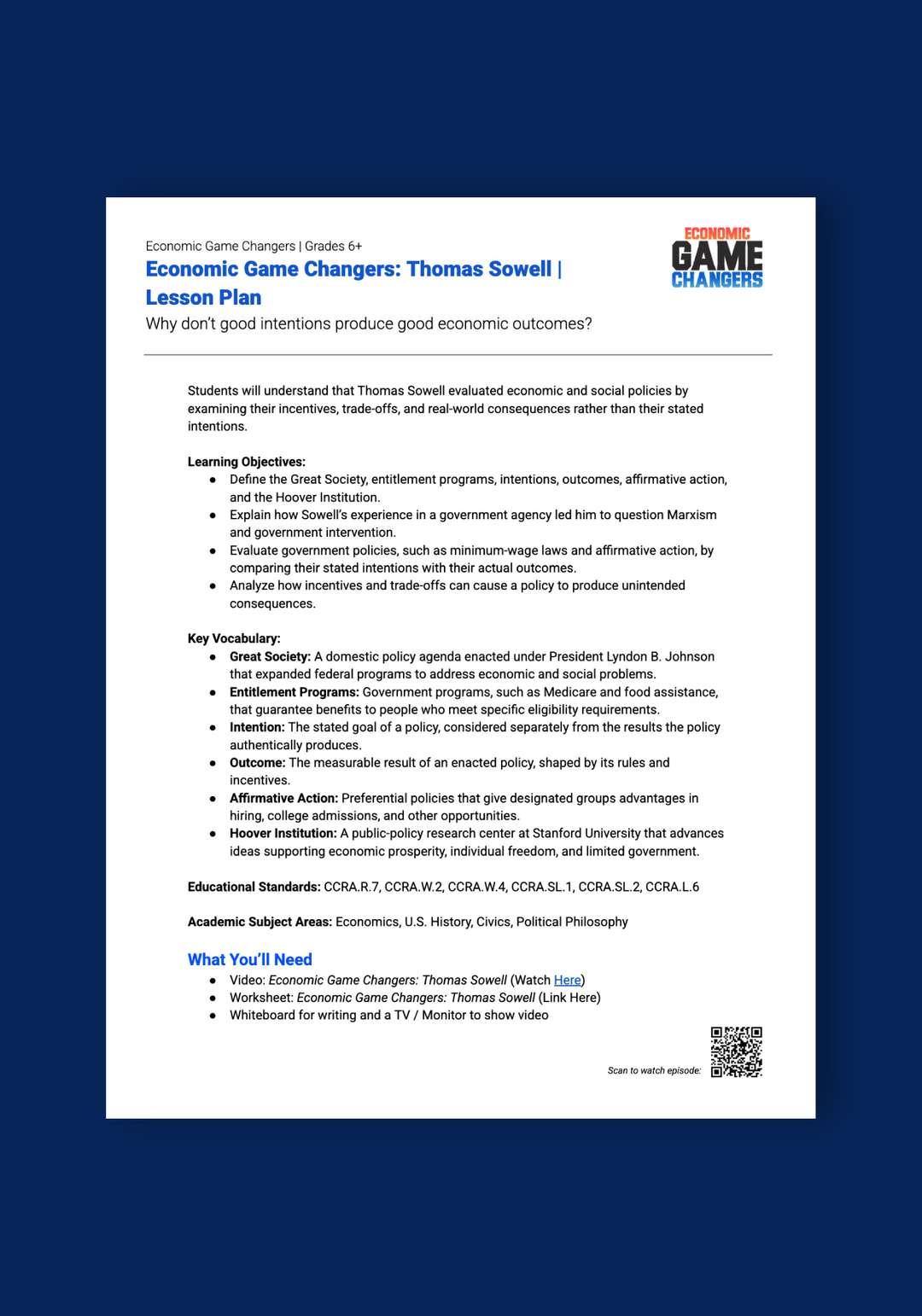 "Economic Game Changers: Thomas Sowell" Lesson Plan
