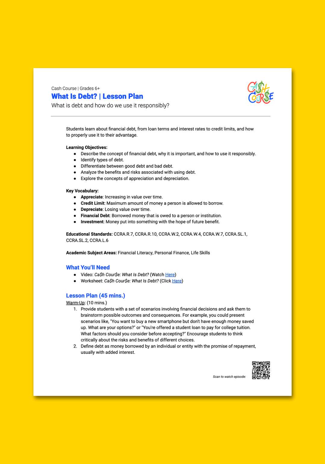 "Cash Course: What Is Debt?" Lesson Plan