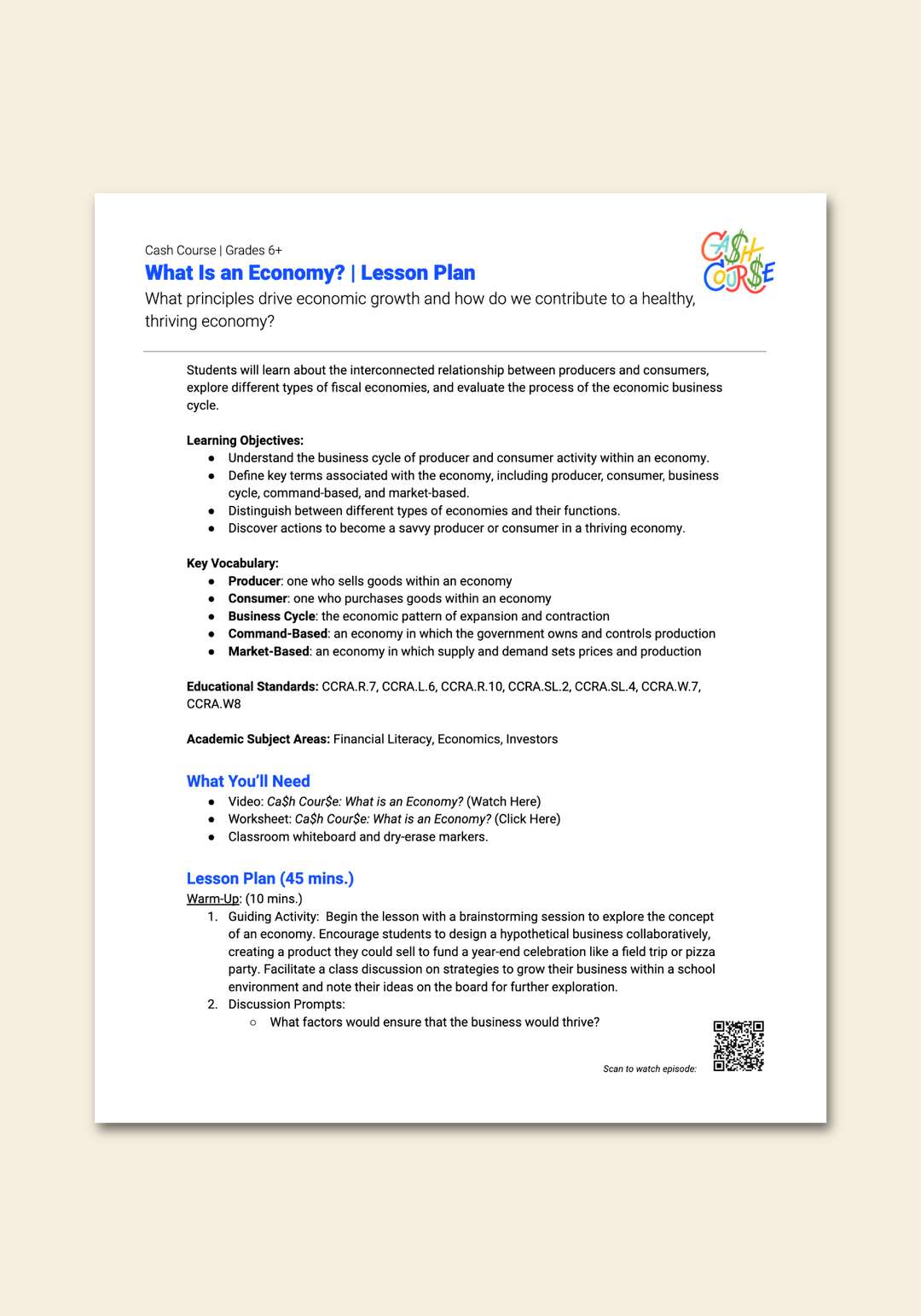 "Cash Course: What is an Economy?" Lesson Plan