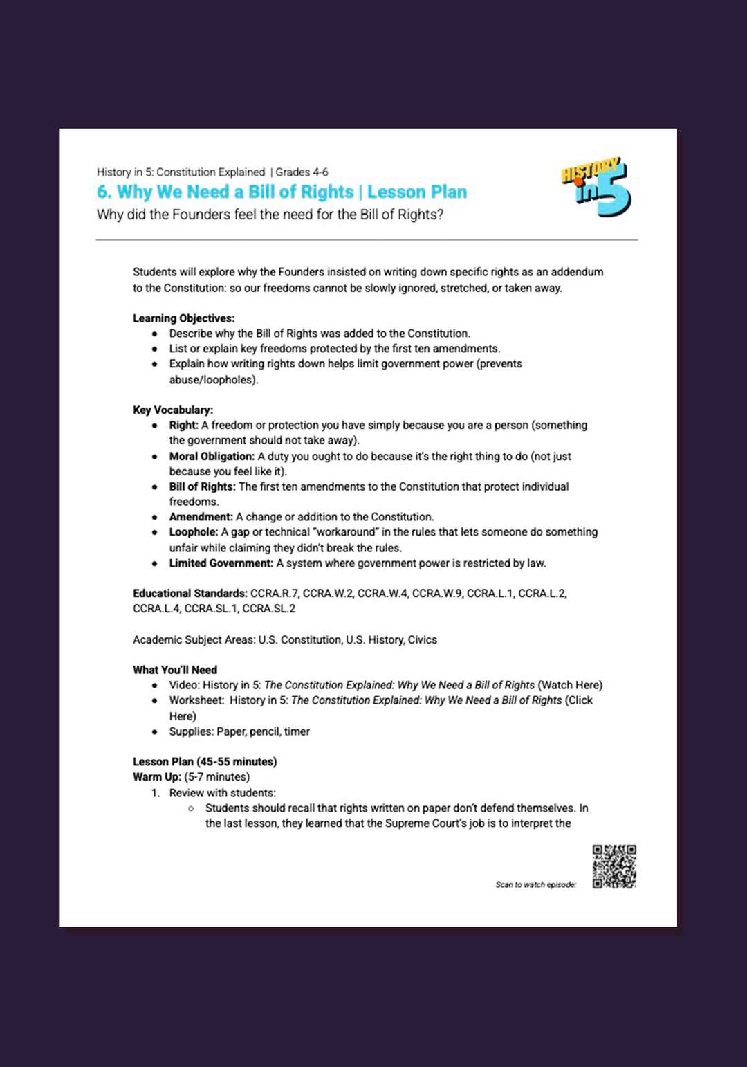 "History in 5: Constitution Explained: Why We Need a Bill of Rights" Lesson Plan