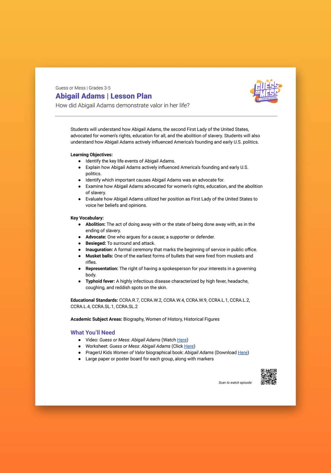 "Guess or Mess: Abigail Adams" Lesson Plan