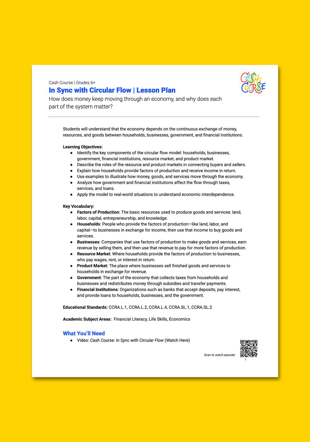"Cash Course: In Sync with Circular Flow" Lesson Plan