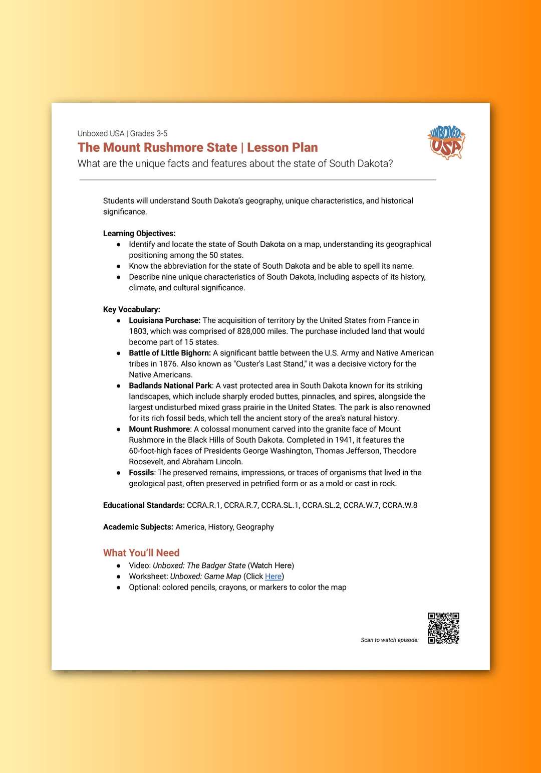 "Unboxed, USA: The Mount Rushmore State" Lesson Plan