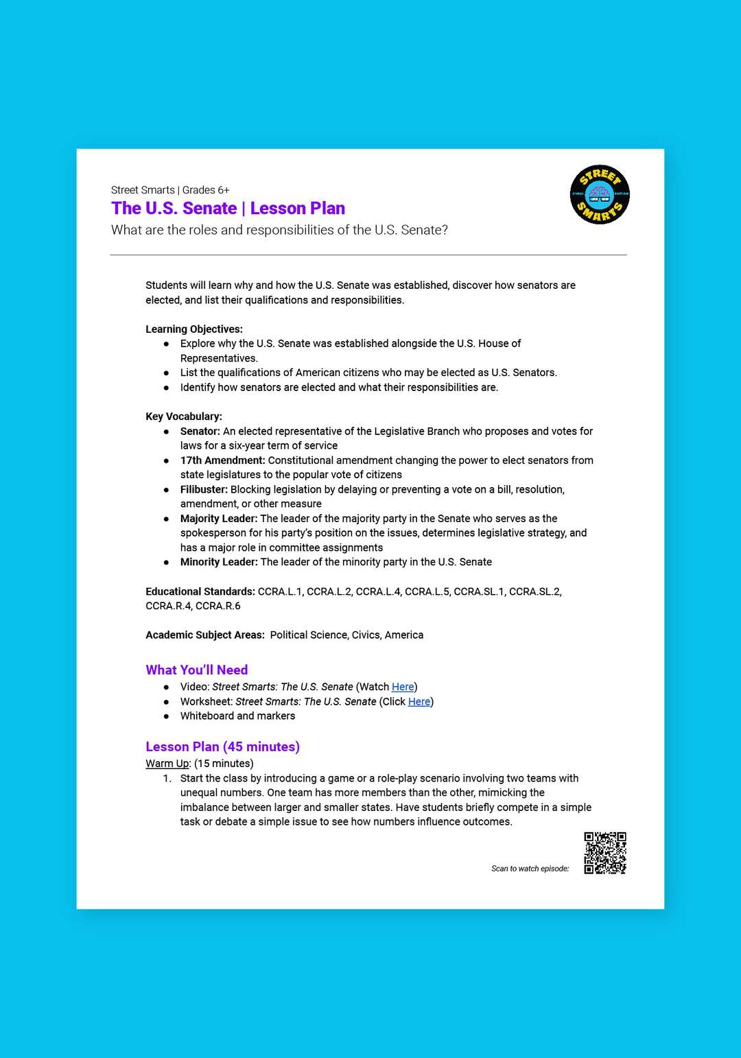 "Street Smarts: The U.S. Senate" Lesson Plan