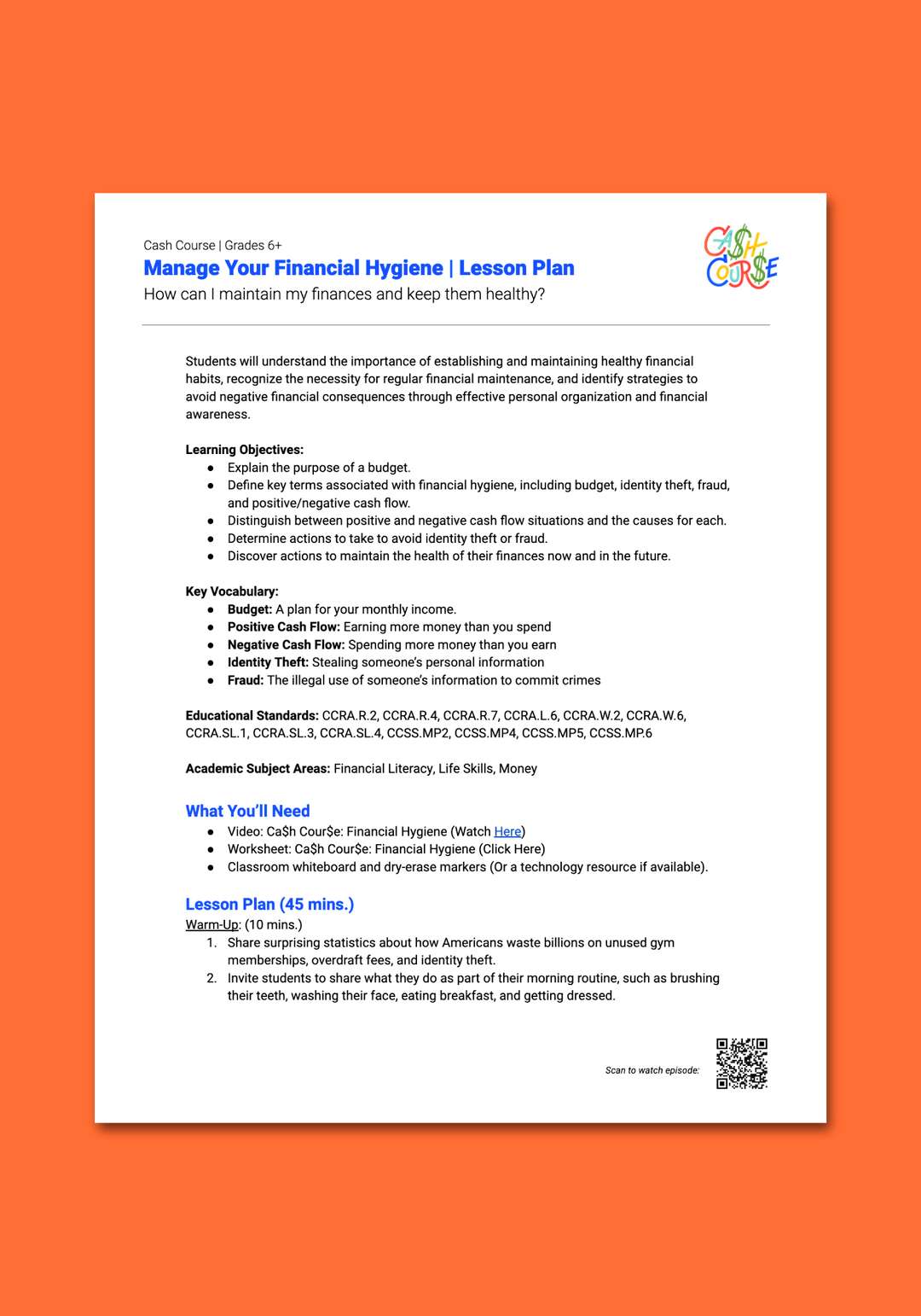 "Cash Course: Manage Your Financial Hygiene" Lesson Plan