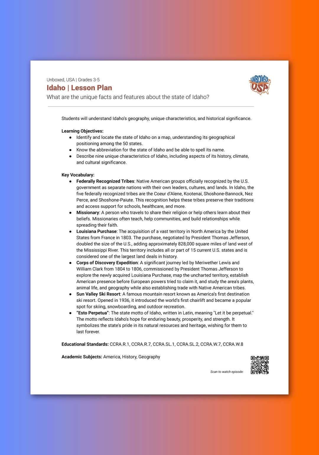 "Unboxed, USA: Idaho" Lesson Plan