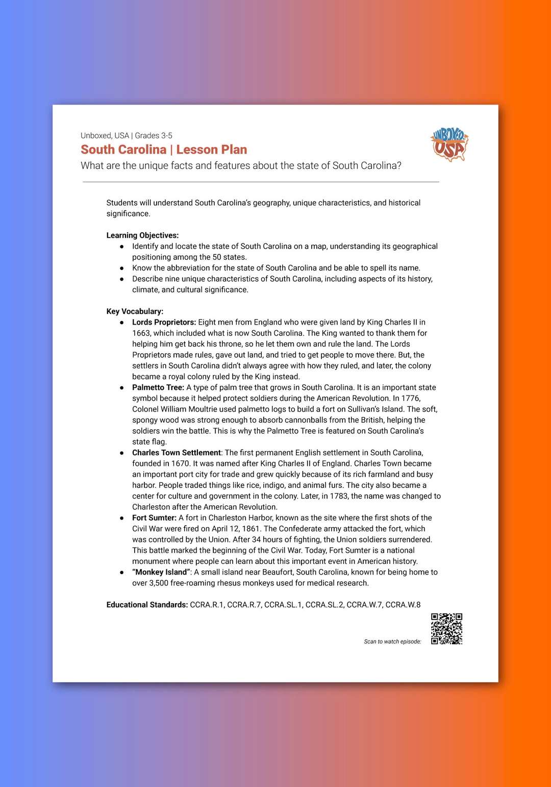 "Unboxed, USA: South Carolina" Lesson Plan