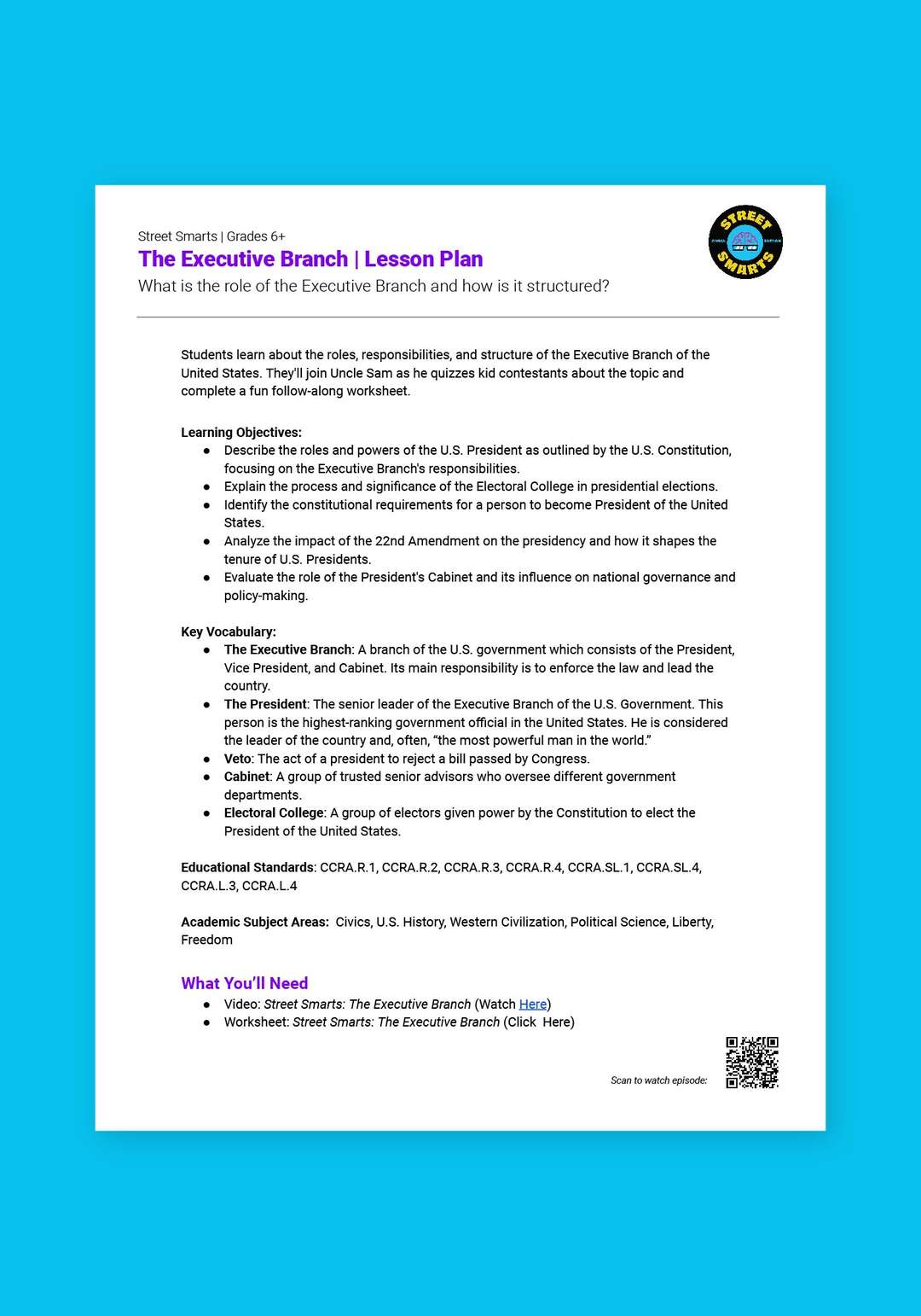 "Street Smarts: The Executive Branch" Lesson Plan