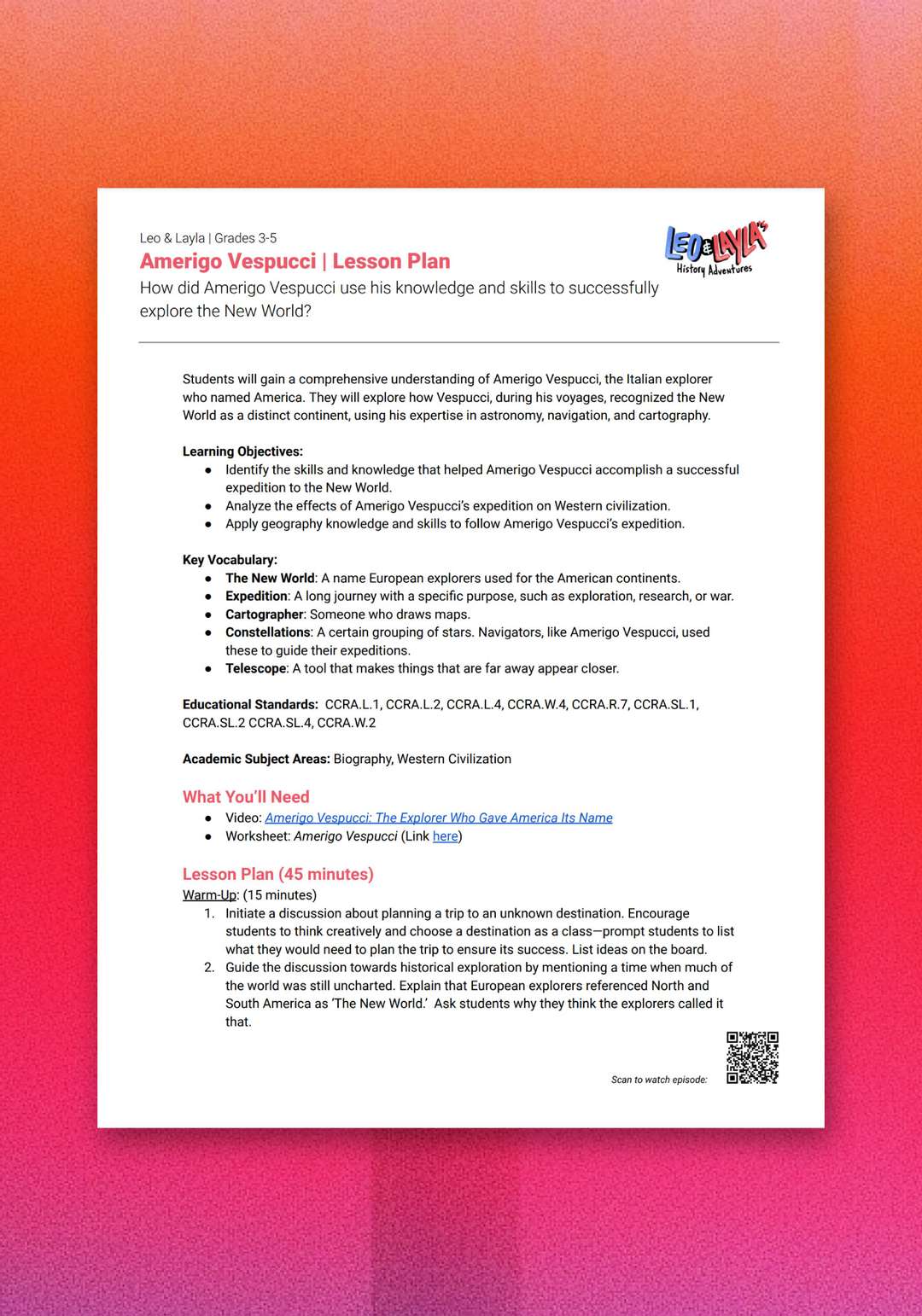"Leo & Layla: Amerigo Vespucci" Lesson Plan