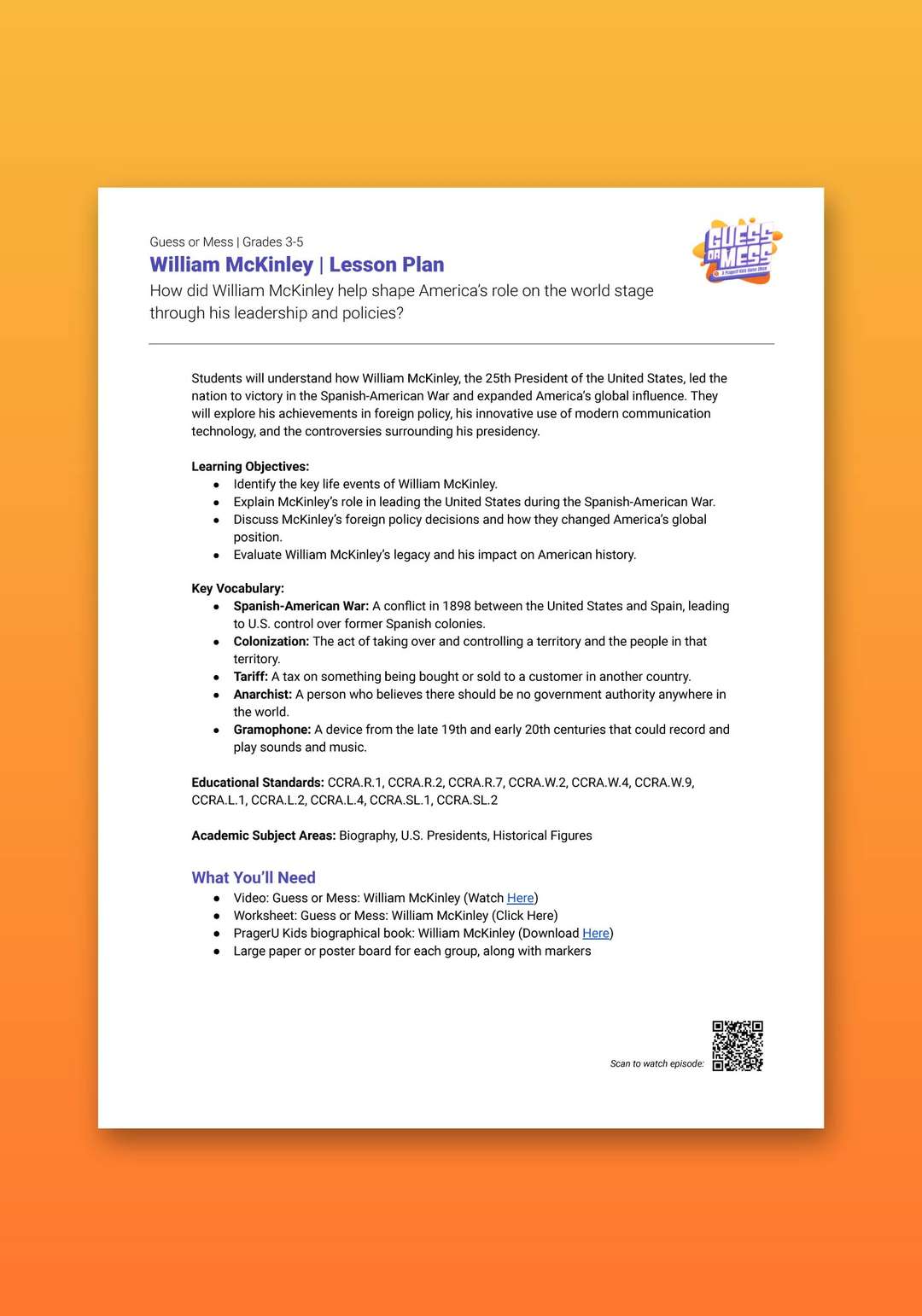 "Guess or Mess: William McKinley" Lesson Plan