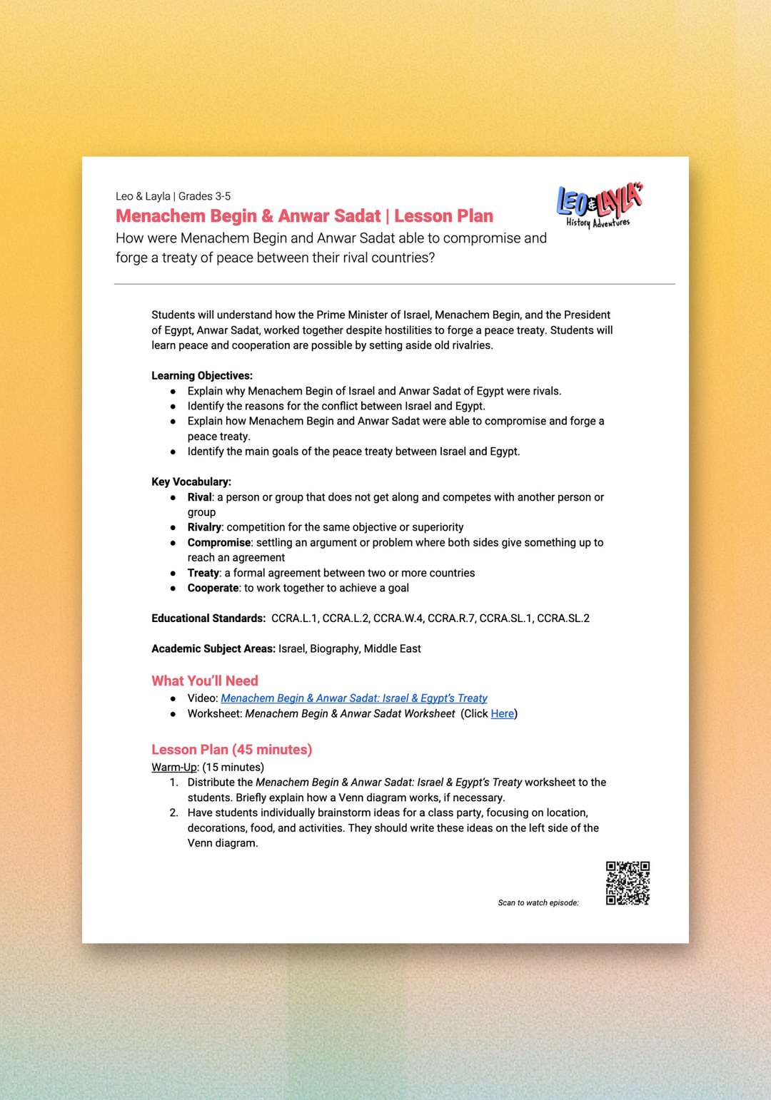 "Leo & Layla: Menachem Begin & Anwar Sadat" Lesson Plan