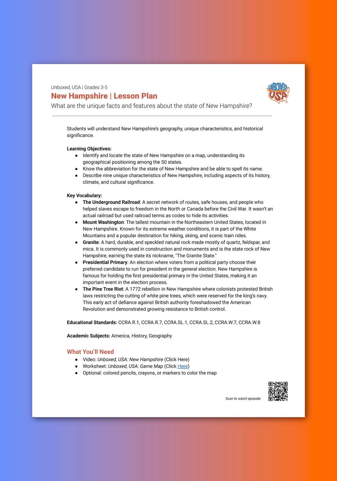 "Unboxed, USA: New Hampshire" Lesson Plan