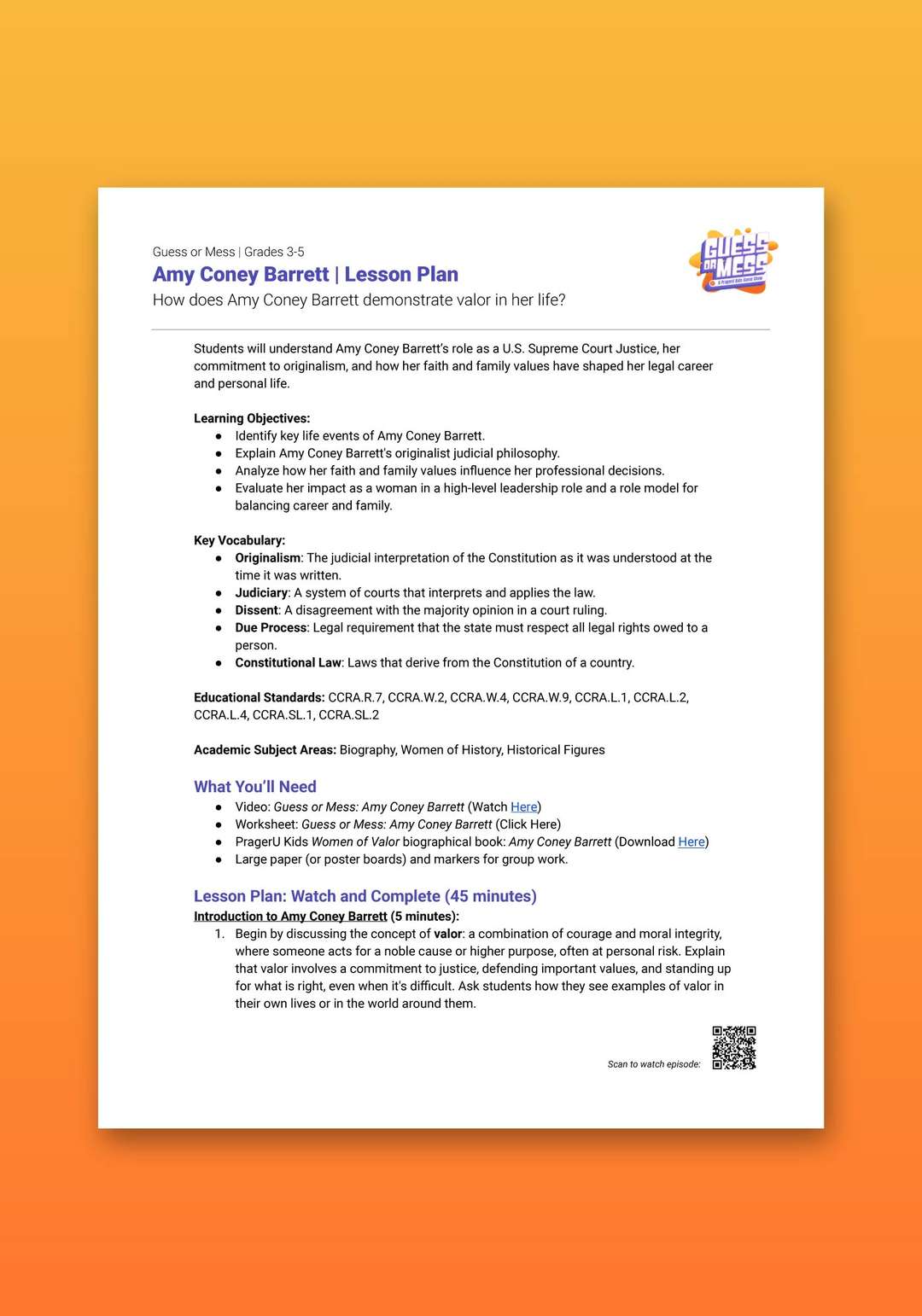 "Guess or Mess: Amy Coney Barrett" Lesson Plan