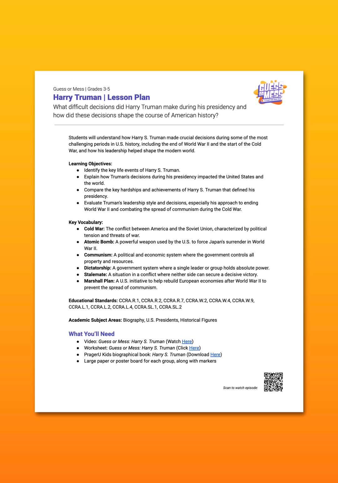 "Guess or Mess: Harry Truman" Lesson Plan