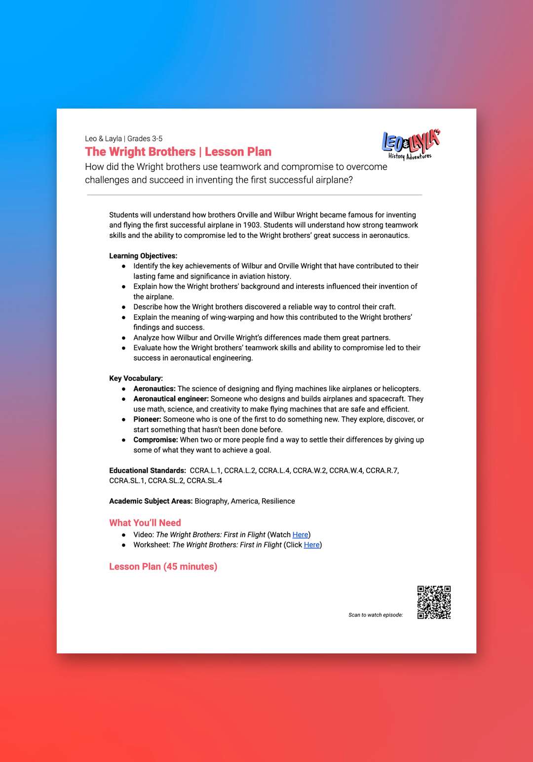 "Leo & Layla: The Wright Brothers" Lesson Plan
