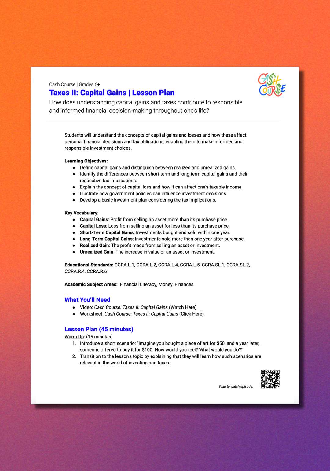 "Cash Course: Taxes II: Capital Gains" Lesson Plan