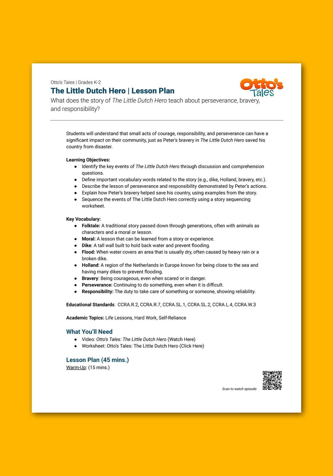 "Otto's Tales: The Little Dutch Hero" Lesson Plan