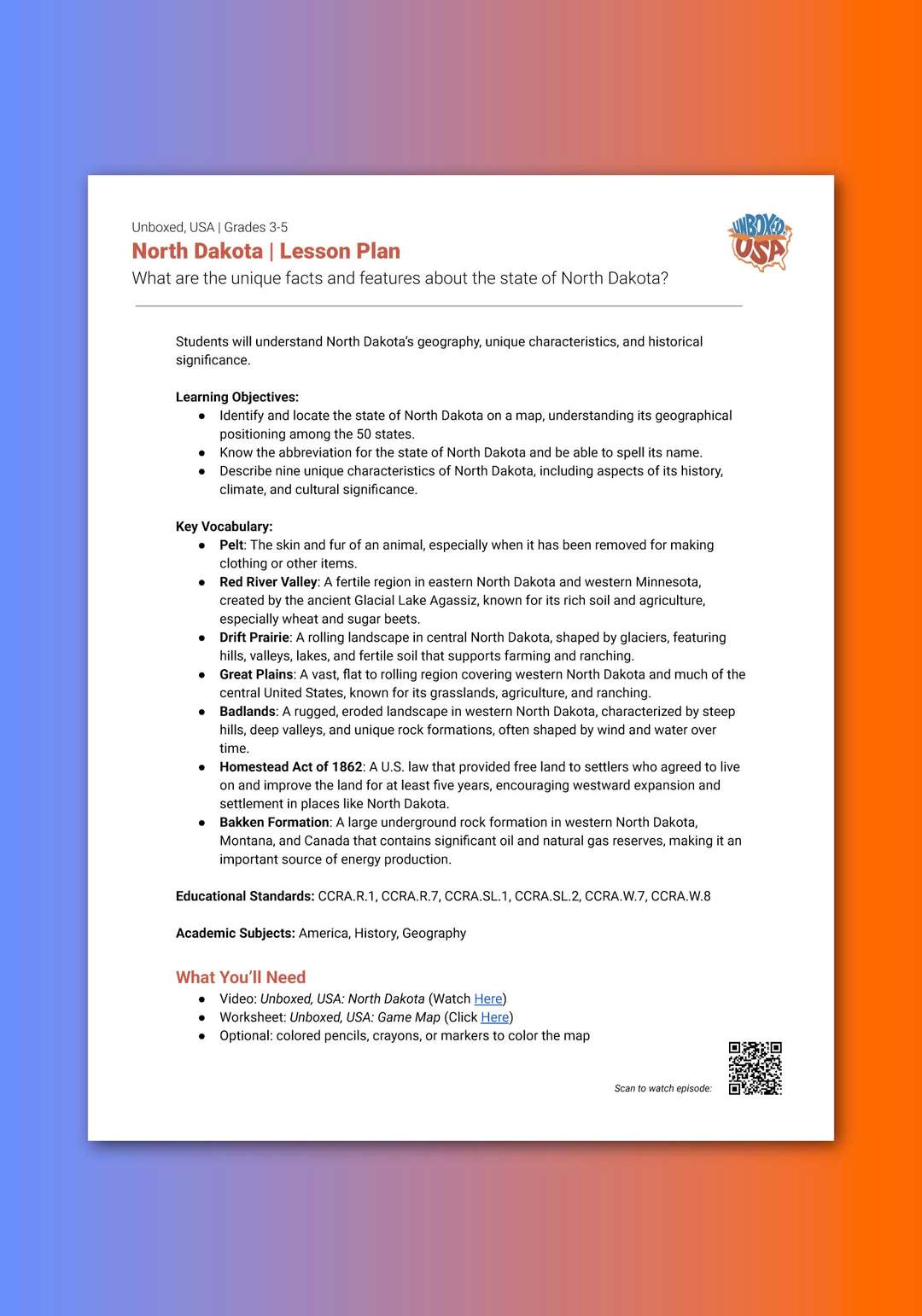 "Unboxed, USA: North Dakota" Lesson Plan