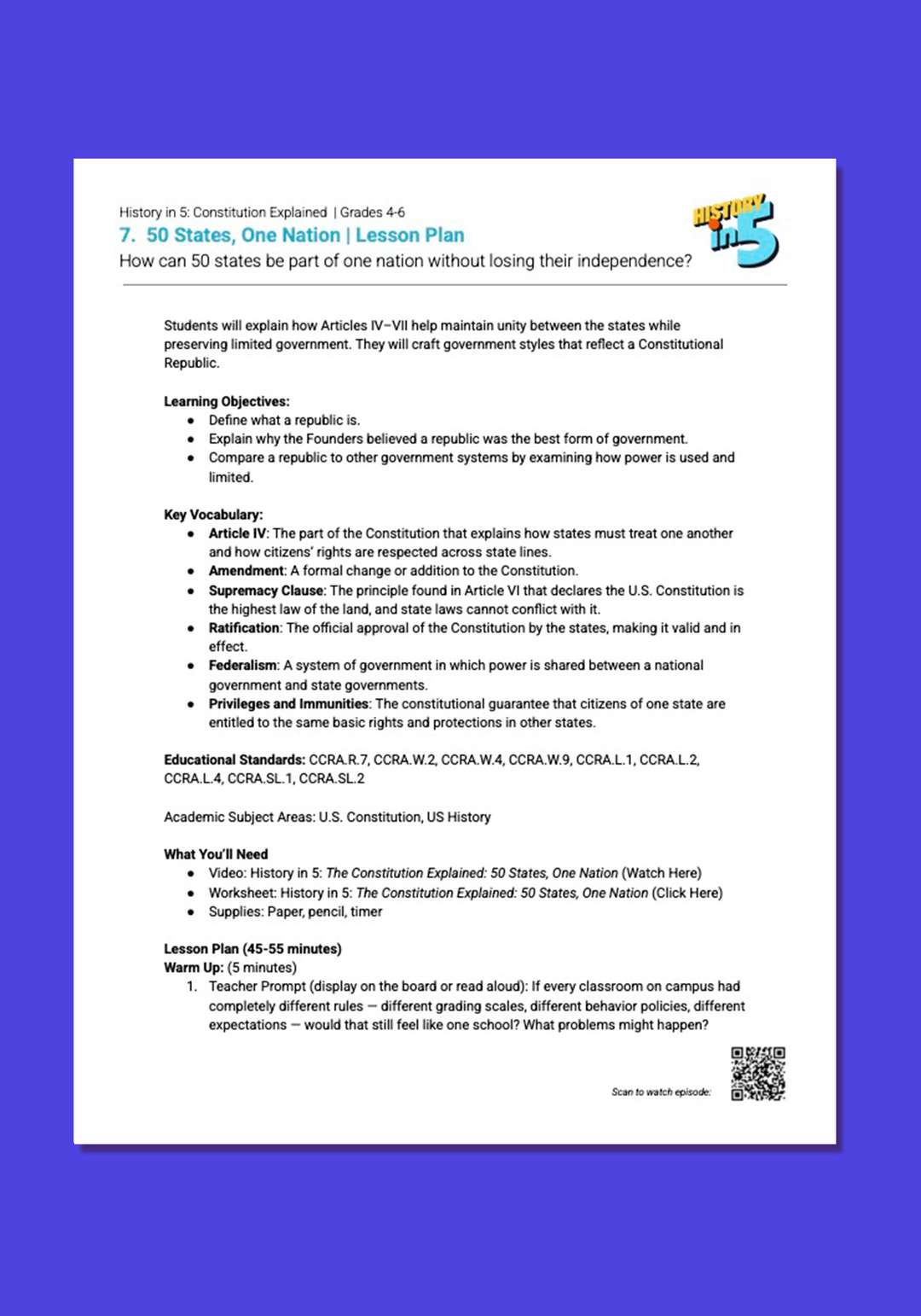 "History in 5: Constitution Explained: Fifty States, One Nation" Lesson Plan
