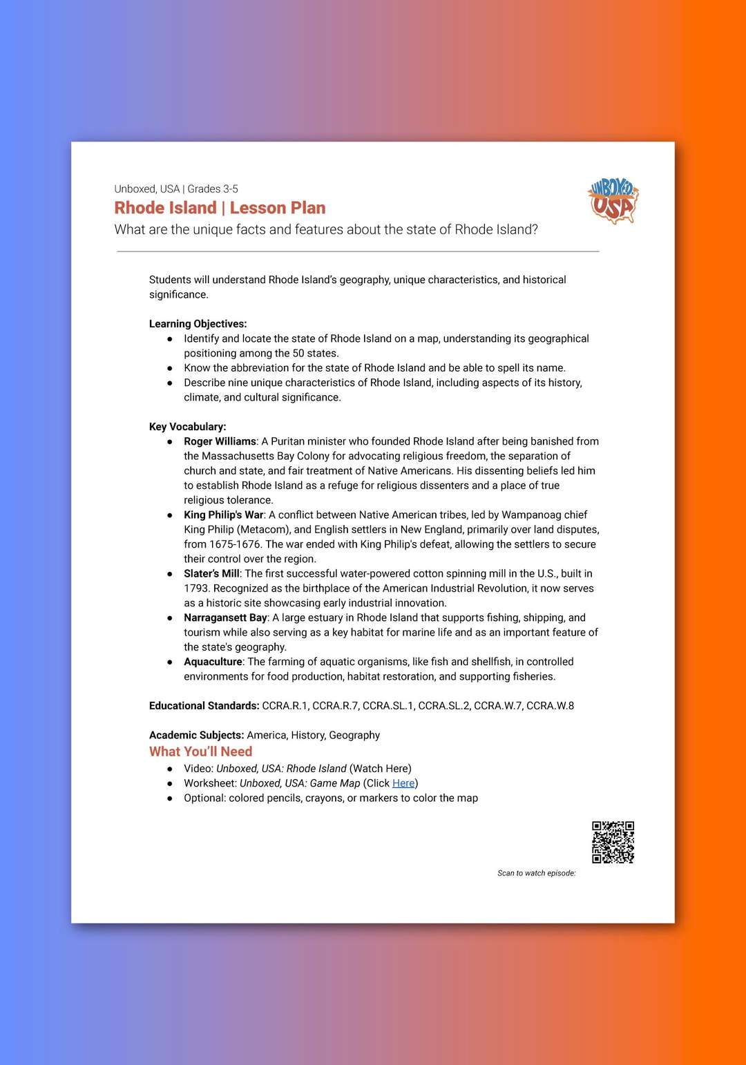 "Unboxed, USA: Rhode Island" Lesson Plan