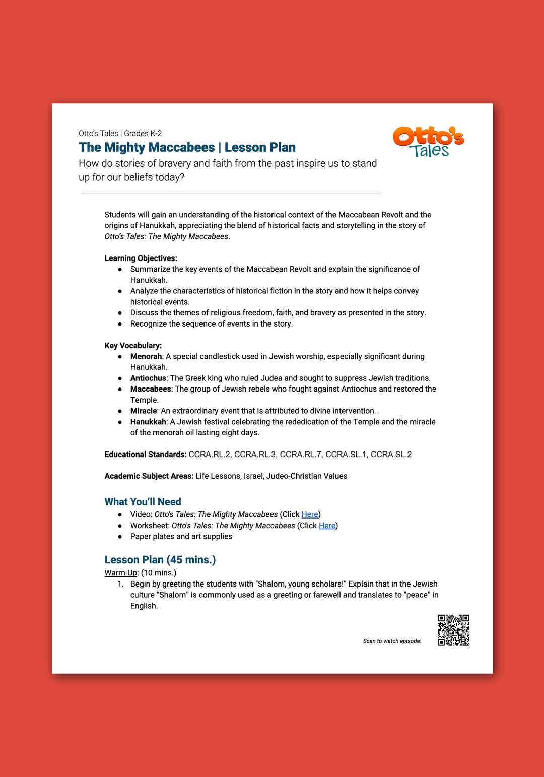 "Otto's Tales: The Mighty Maccabees" Lesson Plan