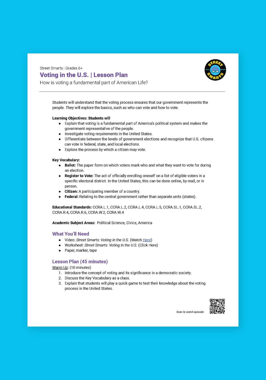 "Street Smarts: Voting in the U.S." Lesson Plan