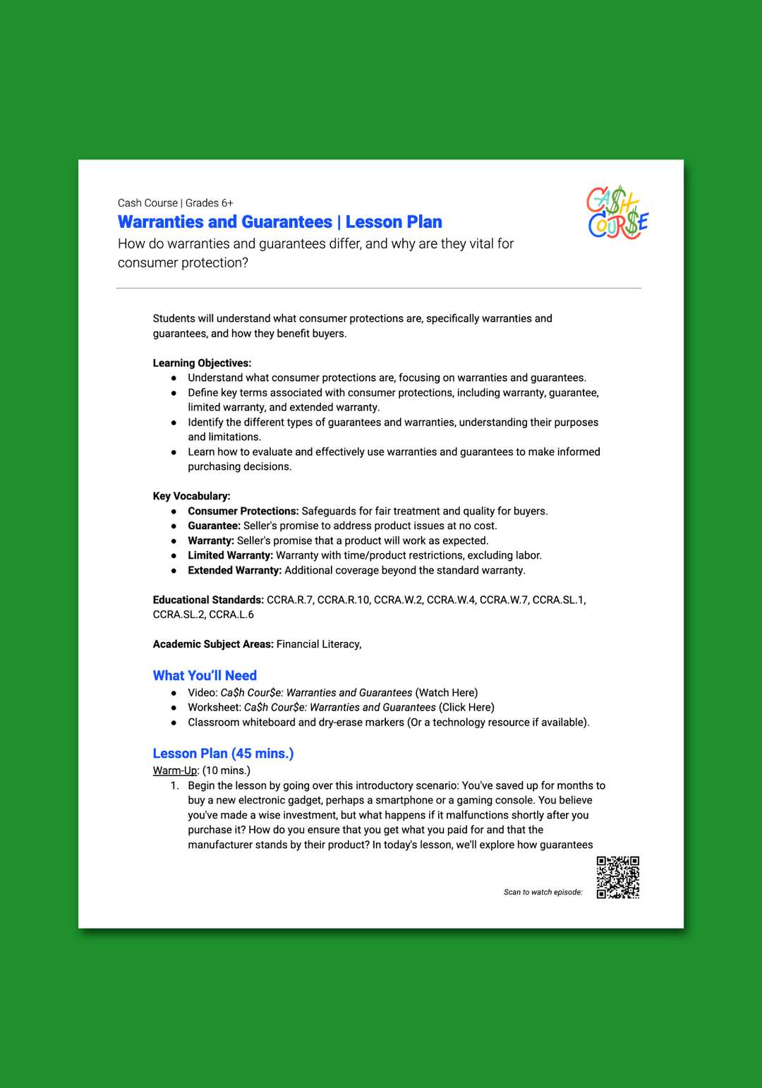 "Cash Course: Warranties and Guarantees" Lesson Plan