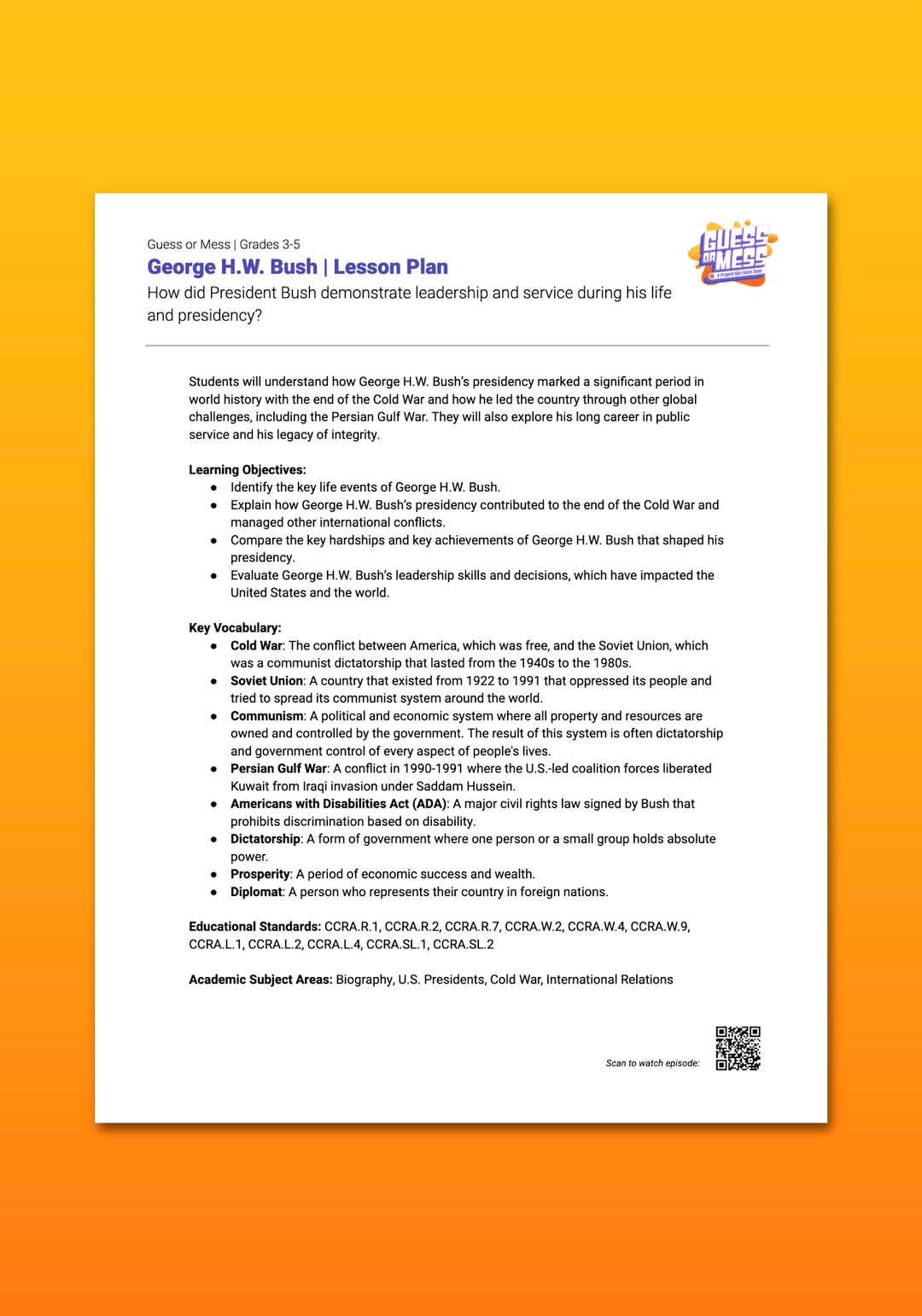 "Guess or Mess: George H.W. Bush" Lesson Plan