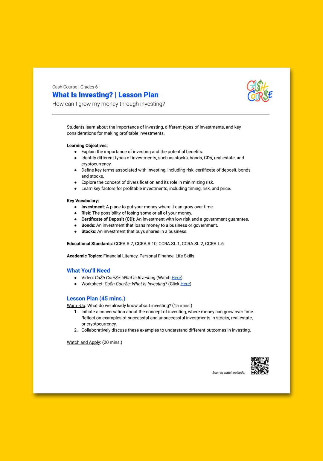 "Cash Course: What Is Investing?" Lesson Plan