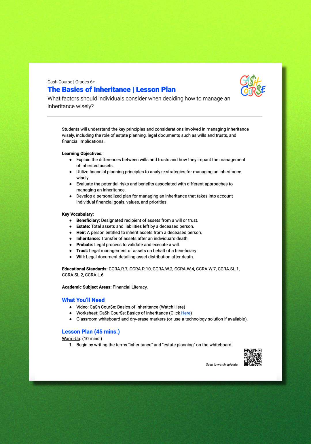 "Cash Course: The Basics of Inheritance" Lesson Plan