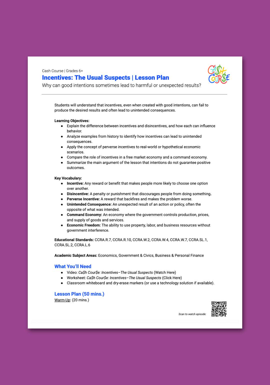"Cash Course: Incentives: The Usual Suspects" Lesson Plan
