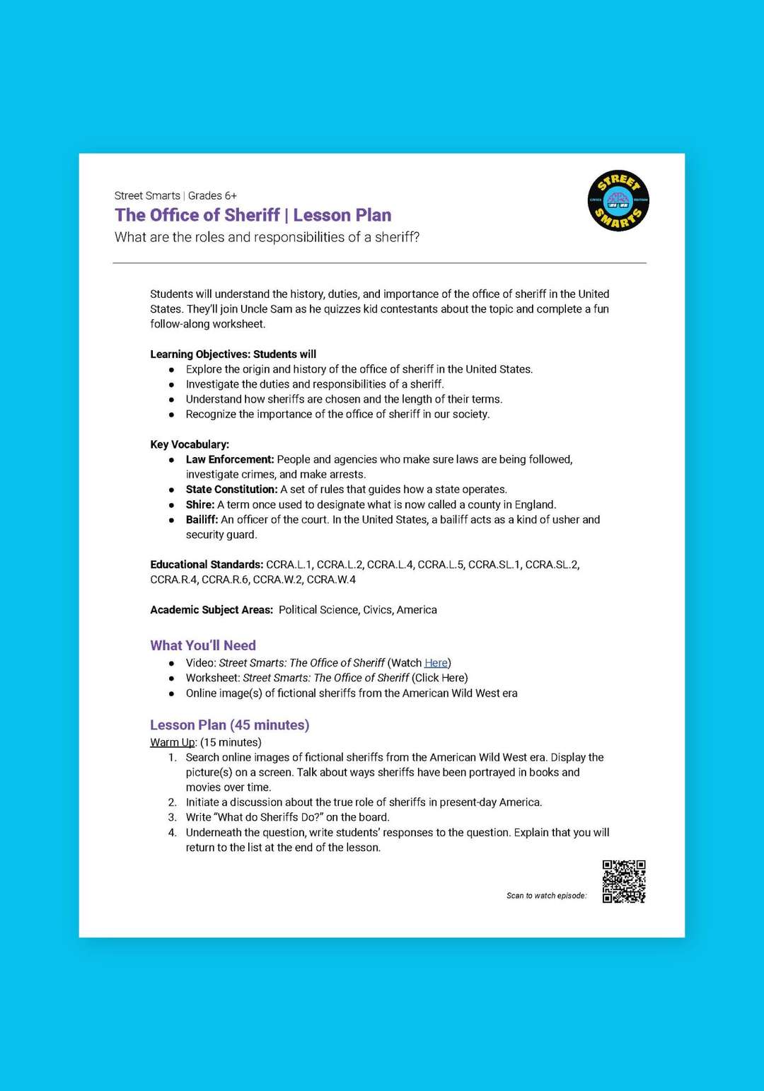 "Street Smarts: The Office of Sheriff" Lesson Plan