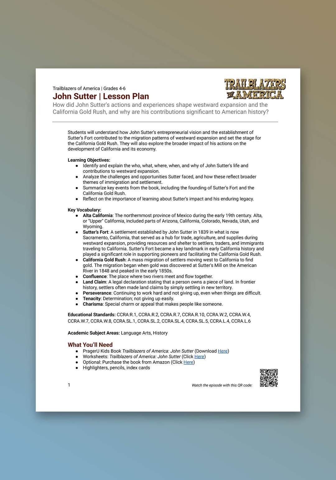 "Trailblazers of America: John Sutter" Lesson Plan