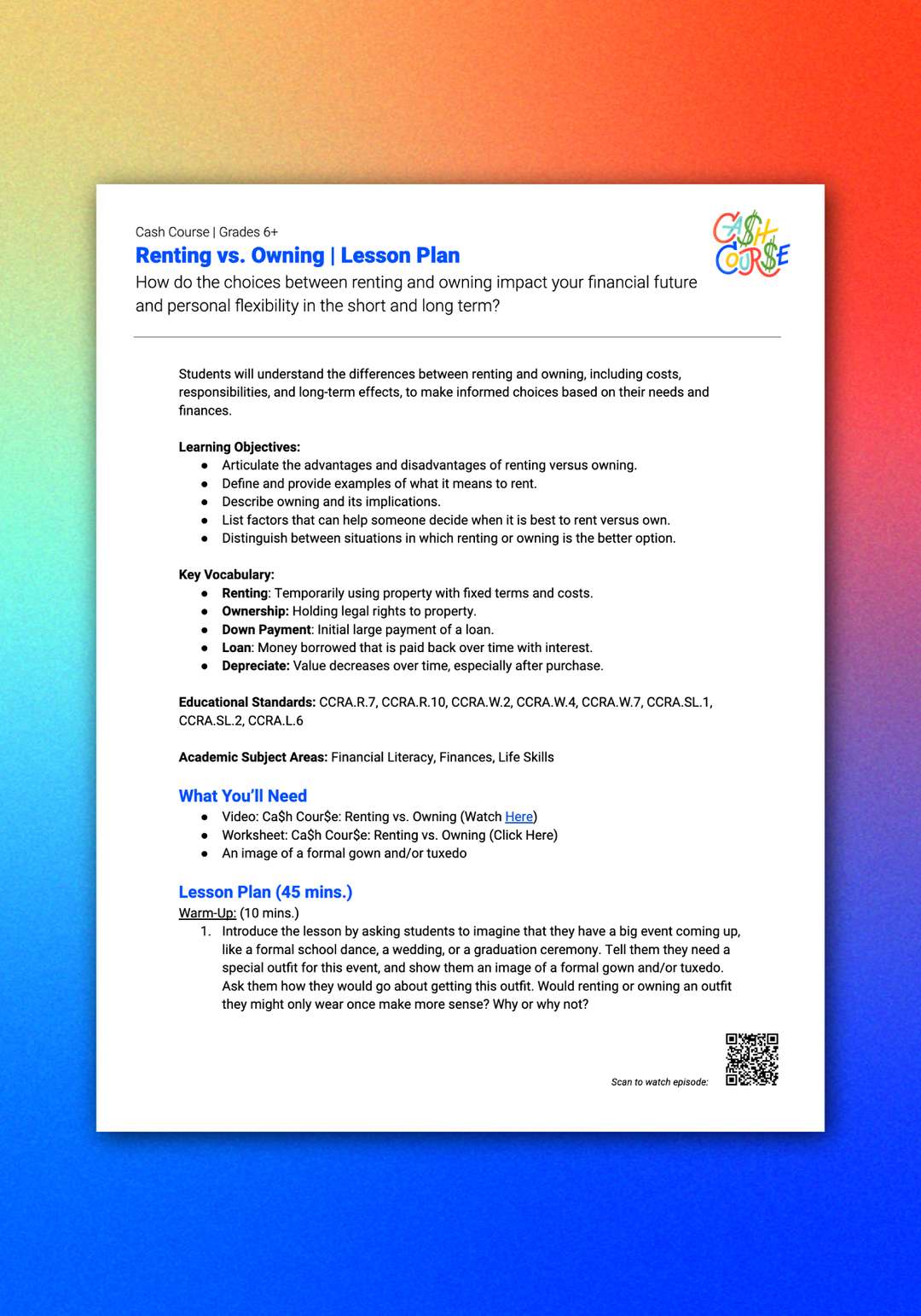 "Cash Course: Renting vs. Owning" Lesson Plan