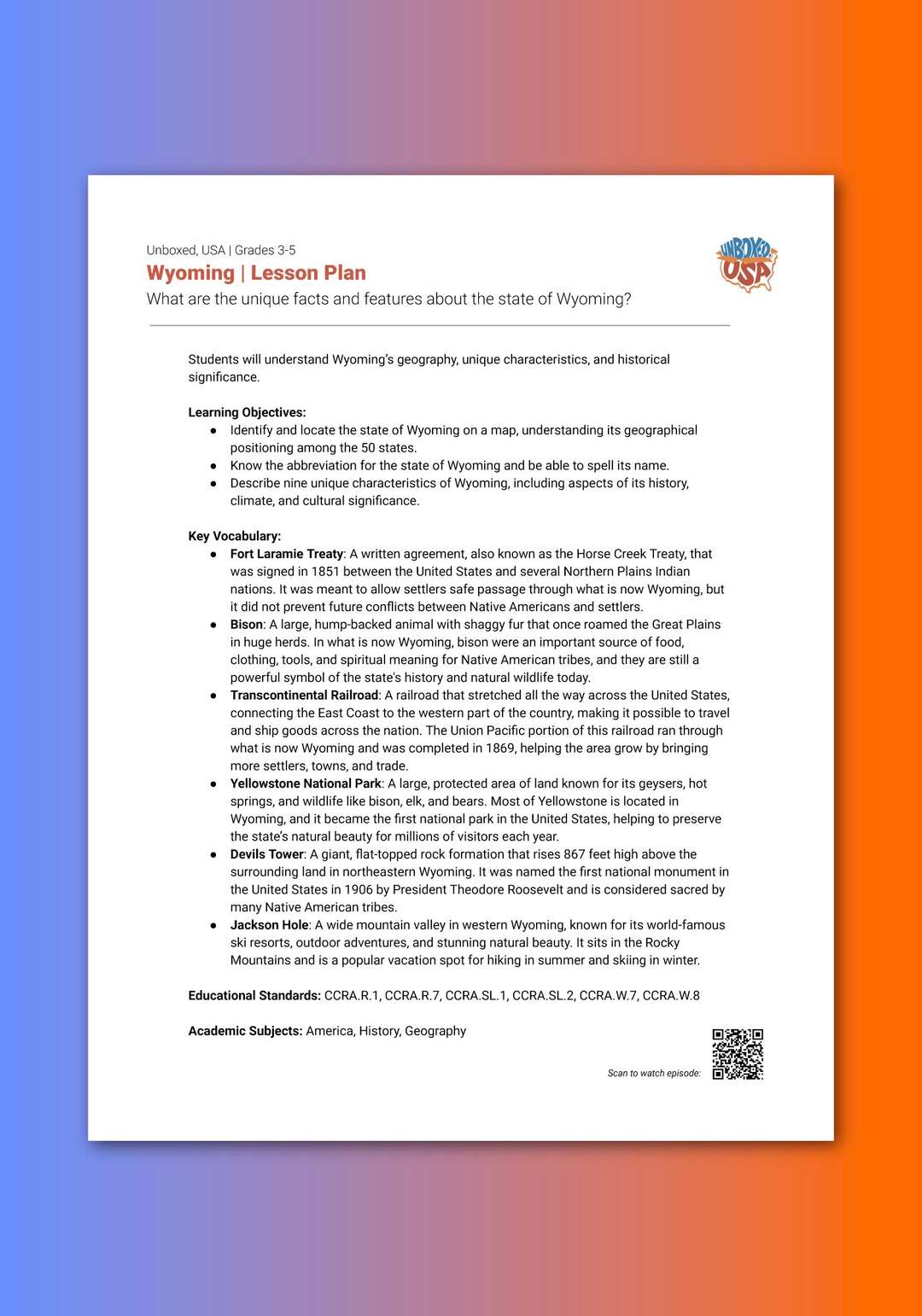 "Unboxed, USA: Wyoming" Lesson Plan