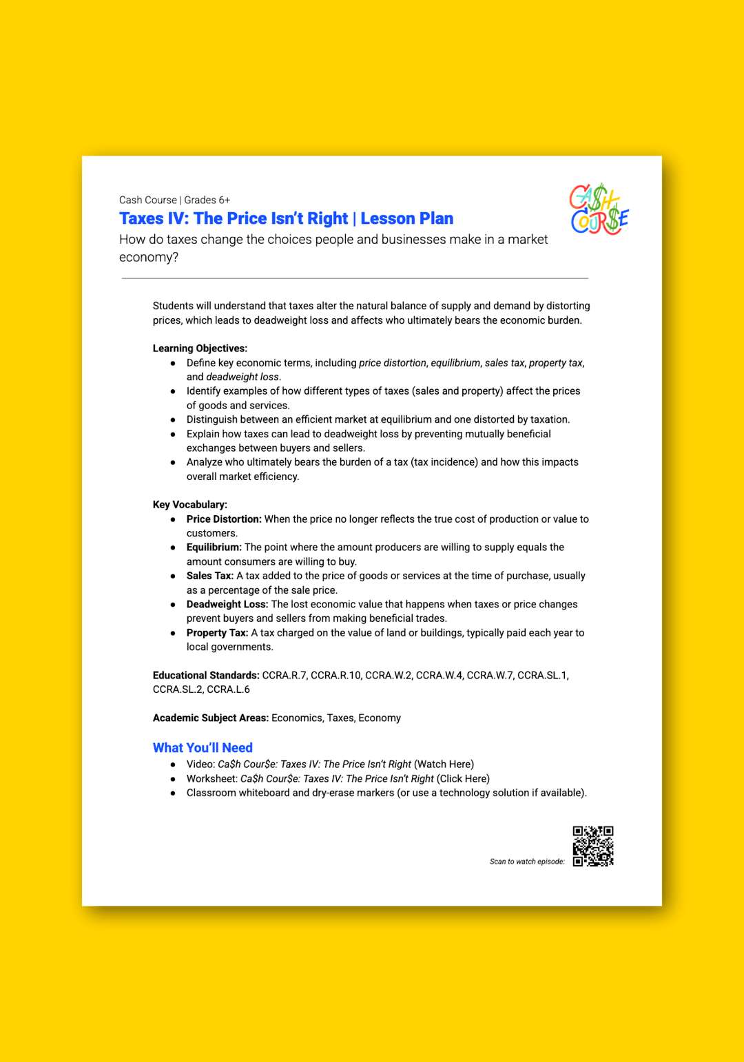 "Cash Course: Taxes IV: The Price Isn't Right" Lesson Plan