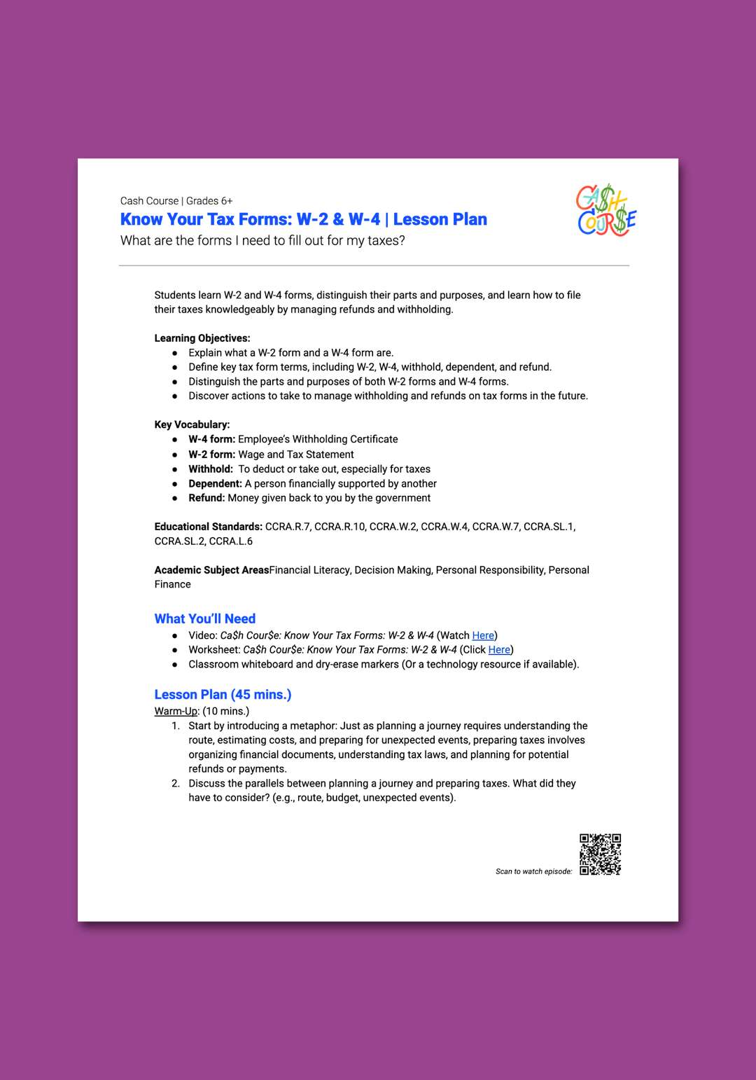 "Cash Course: Know Your Tax Forms: W-2 & W-4" Lesson Plan