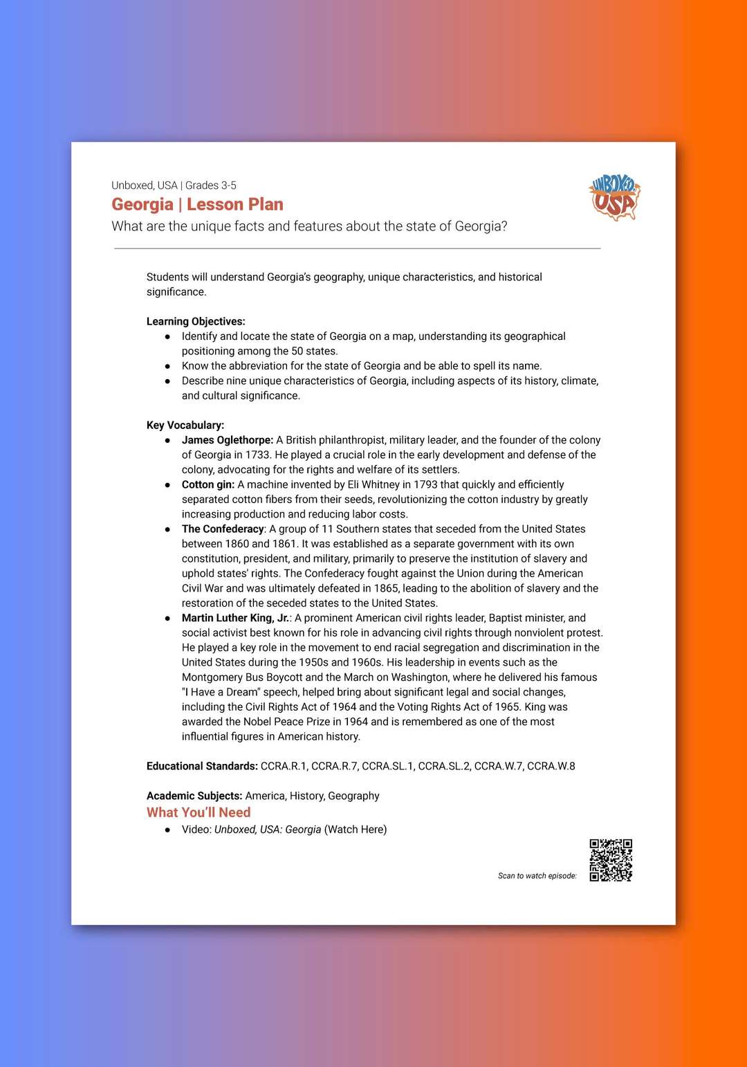 "Unboxed, USA: Georgia" Lesson Plan