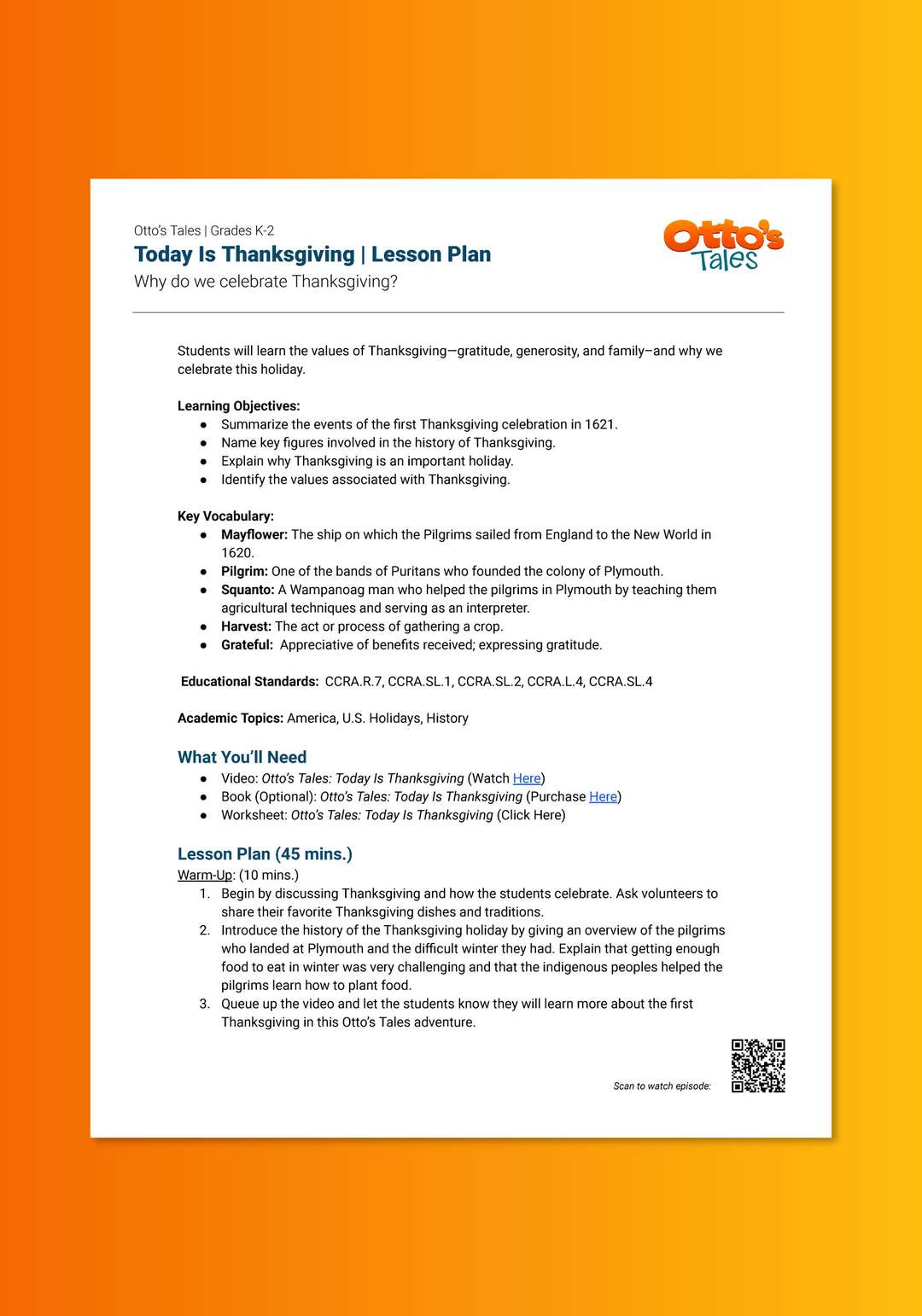 "Otto's Tales: Today Is Thanksgiving" Lesson Plan