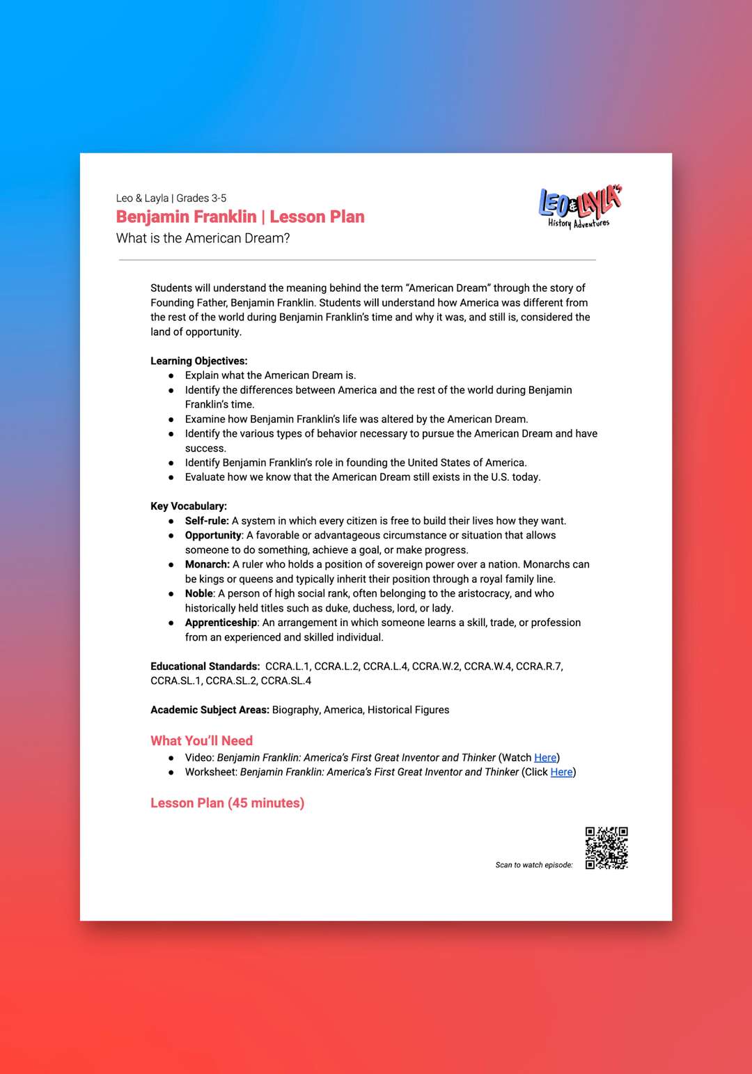"Leo & Layla: Benjamin Franklin" Lesson Plan
