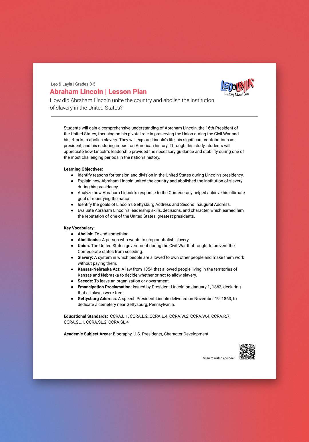 "Leo & Layla: Abraham Lincoln" Lesson Plan
