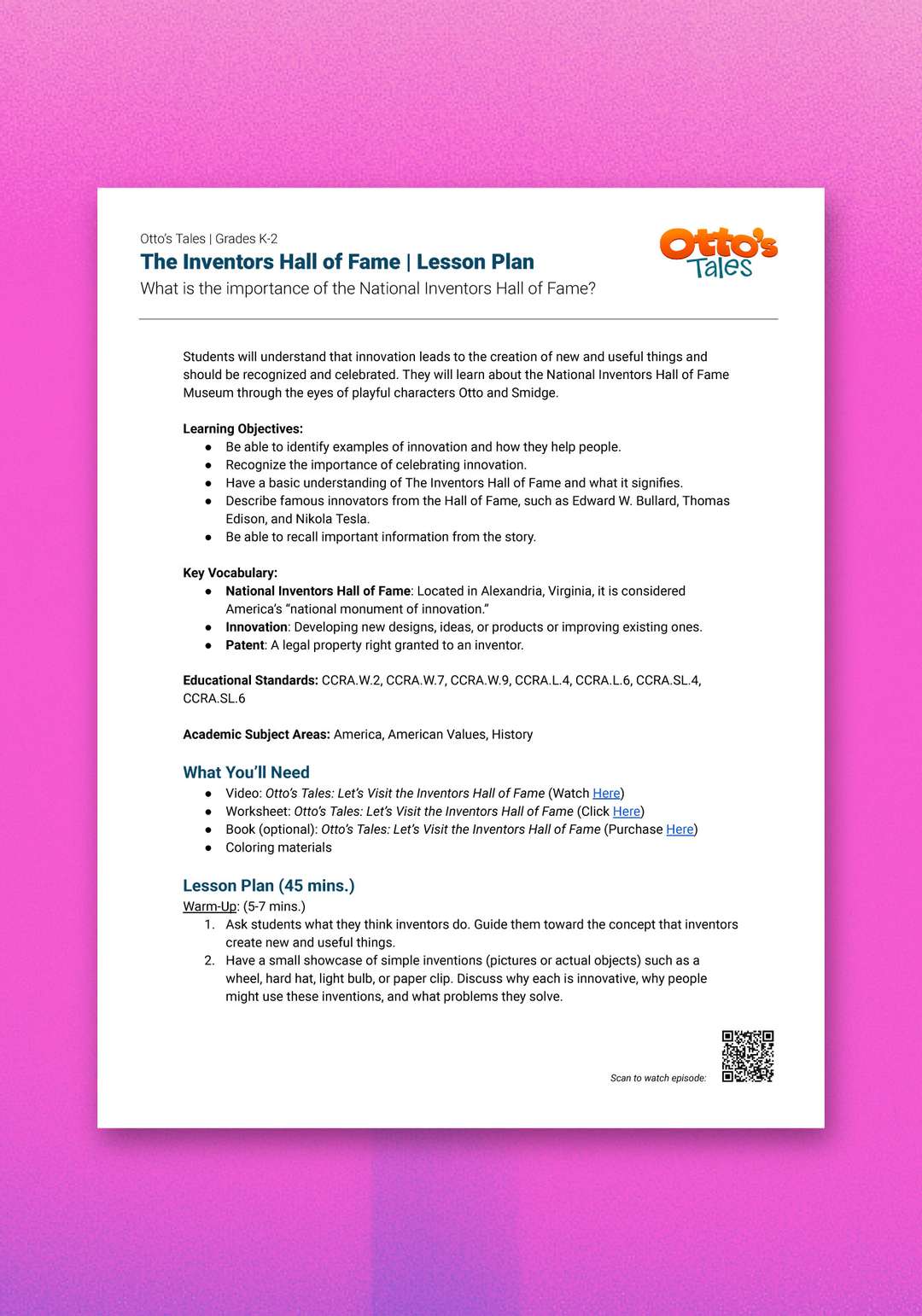 "Otto's Tales: Let's Visit the National Inventors Hall of Fame" Lesson Plan