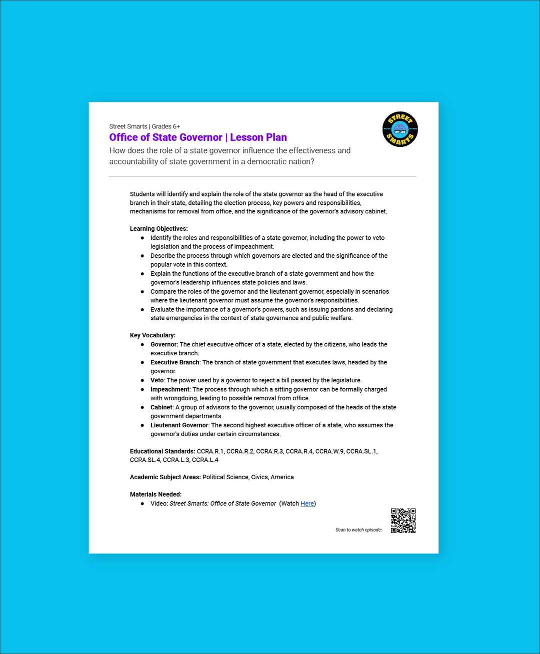"Street Smarts: Office of State Governor" Lesson Plan